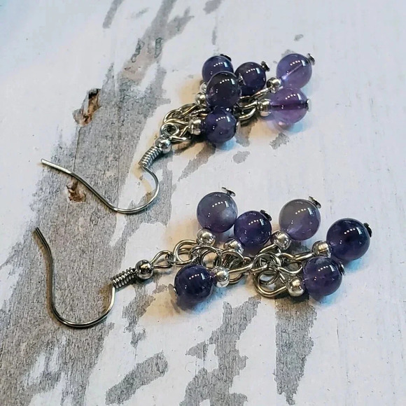 Amethyst Purple Gemstone Bead Dangle Silver Platinum Plated Earrings - Picture 9 of 10